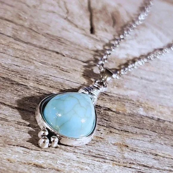 Tribal Style Teardrop Turquoise Stone Silver Chain Necklace - Picture 2 of 5